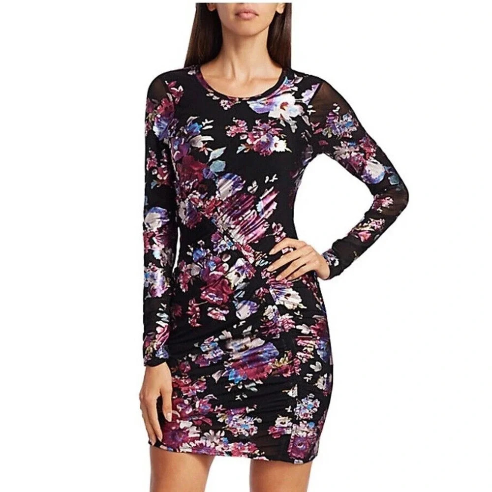 NWT PARKER Abby Floral Metallic Print Long Sleeve Ruched Mini Dress, Size 2